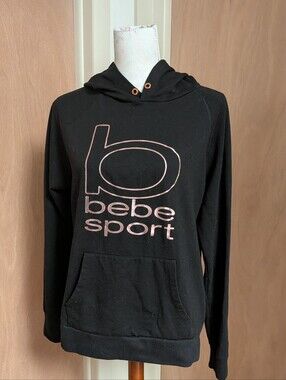 Bebe Sport Black Fleece Hoodie Rose Gold Logo Pullover Women's